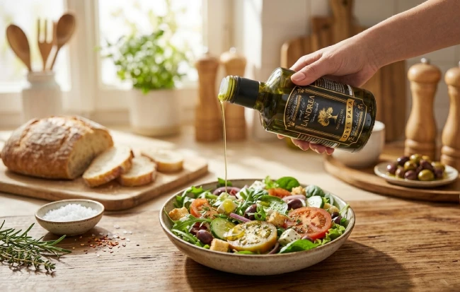 botella de aceite de oliva virgen extra Landrea sobre una ensalada